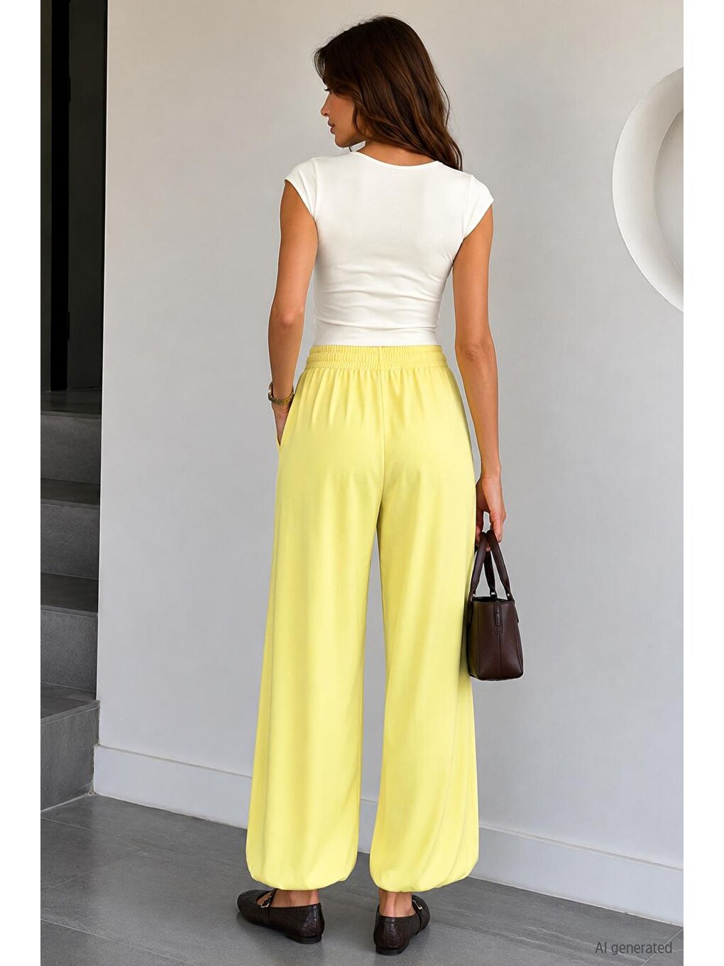 Sarı Kadın Bel Ve Paça Lastikli Şalvar Model Pantolon-1