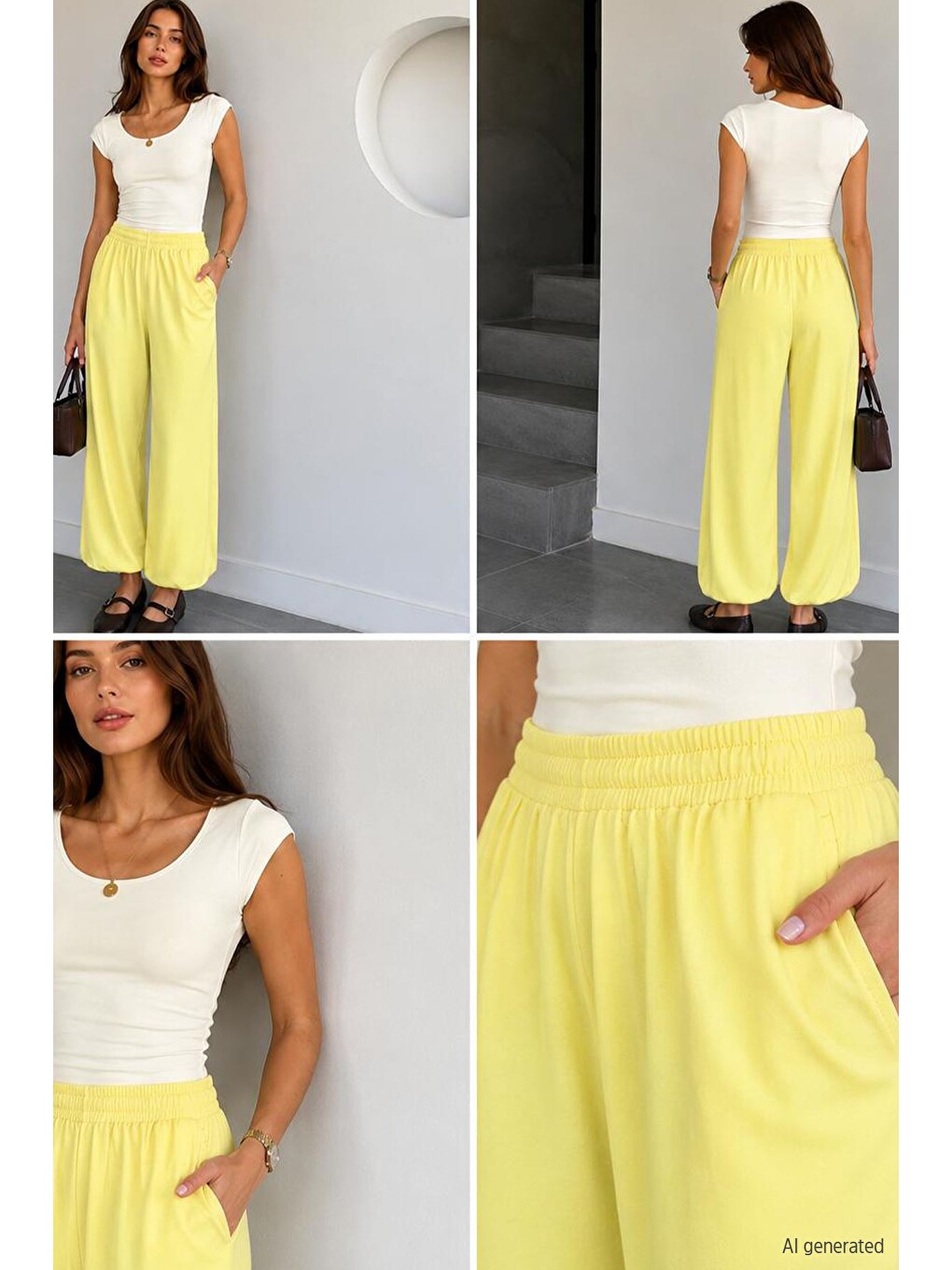 Sarı Kadın Bel Ve Paça Lastikli Şalvar Model Pantolon-2