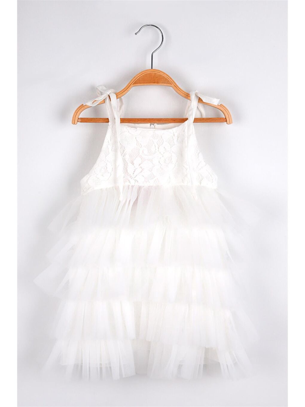 Ekru  Dantelli Tüllü Katlı Kız Çocuk Elbise - Viven-1