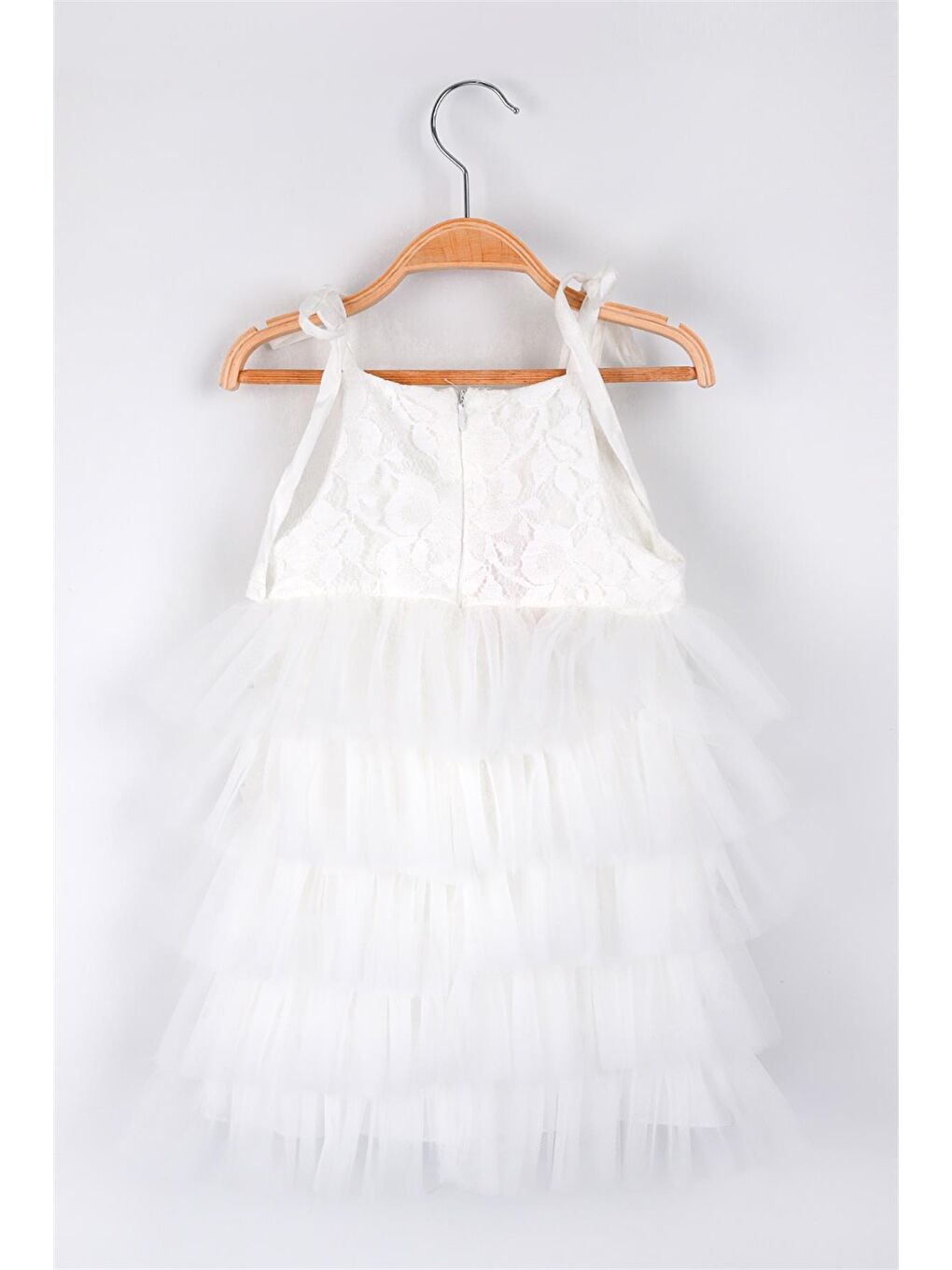 Ekru  Dantelli Tüllü Katlı Kız Çocuk Elbise - Viven-2