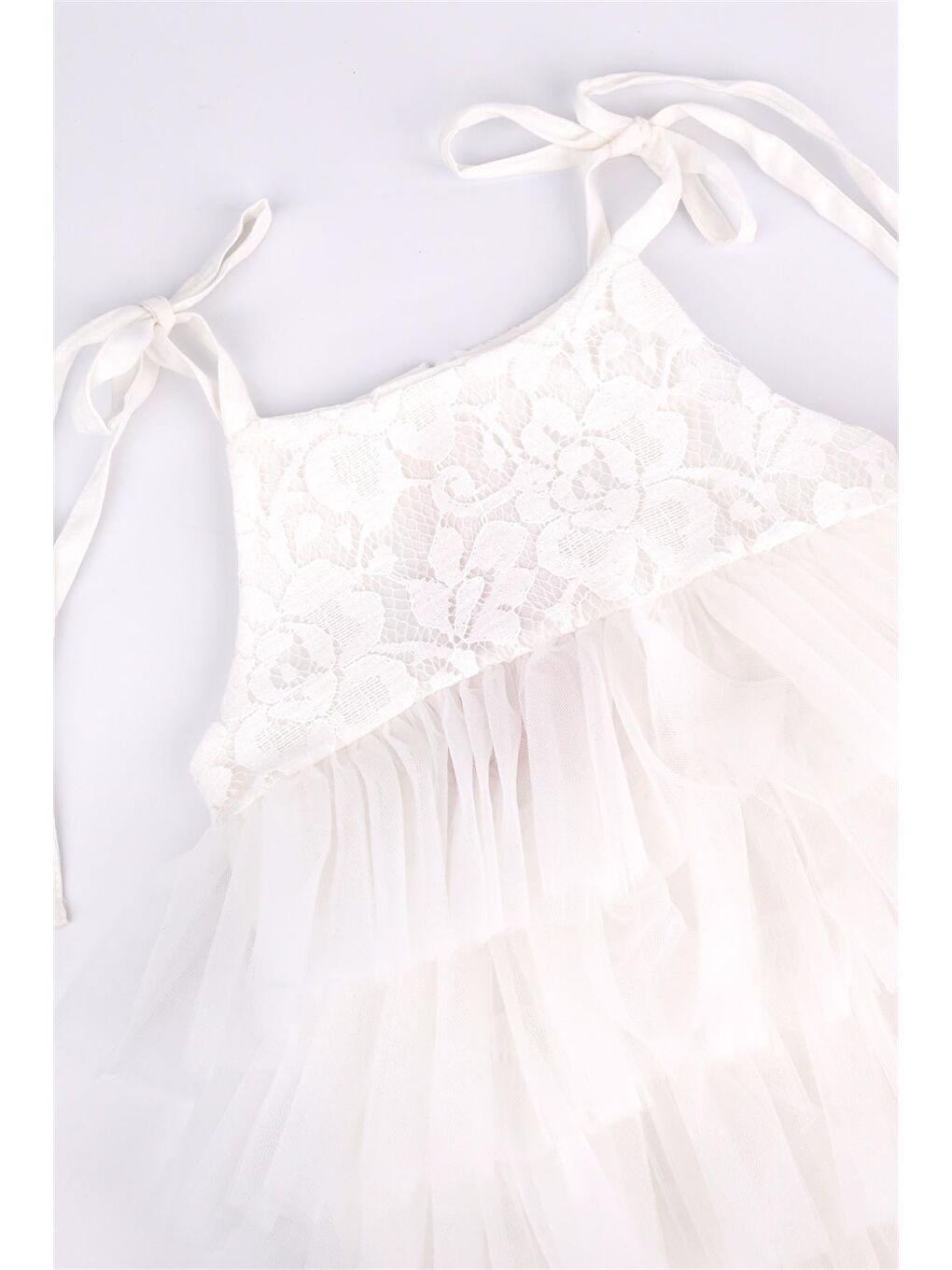 Ekru  Dantelli Tüllü Katlı Kız Çocuk Elbise - Viven-3