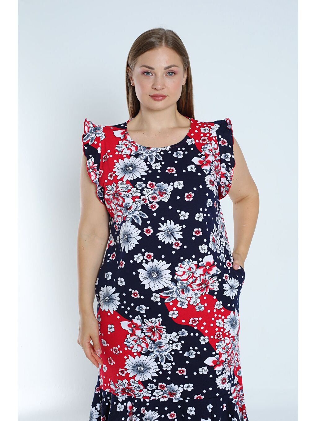 Kadın Lacivert Büyük Beden Desenli %100 Pamuk Cepli Kolu Ve Eteği Fırfırlı Elbise-1