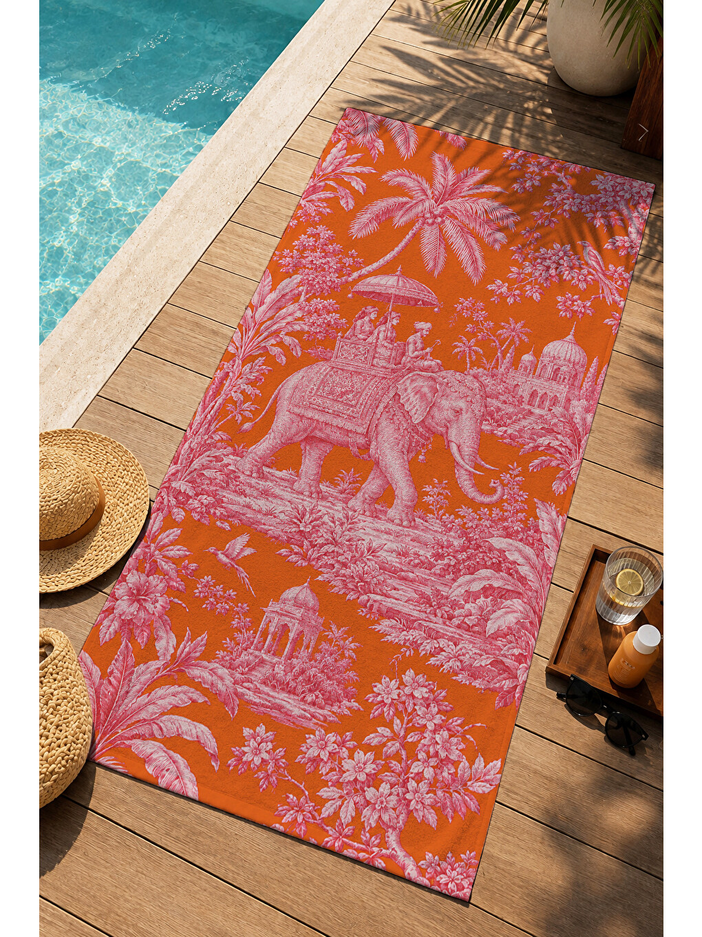 Mavi Toile De Jouy Safari Hayvanları Desenli 70x150 Plaj Havlusu - Dijital Baskılı Solmaz Banyo Havlusu