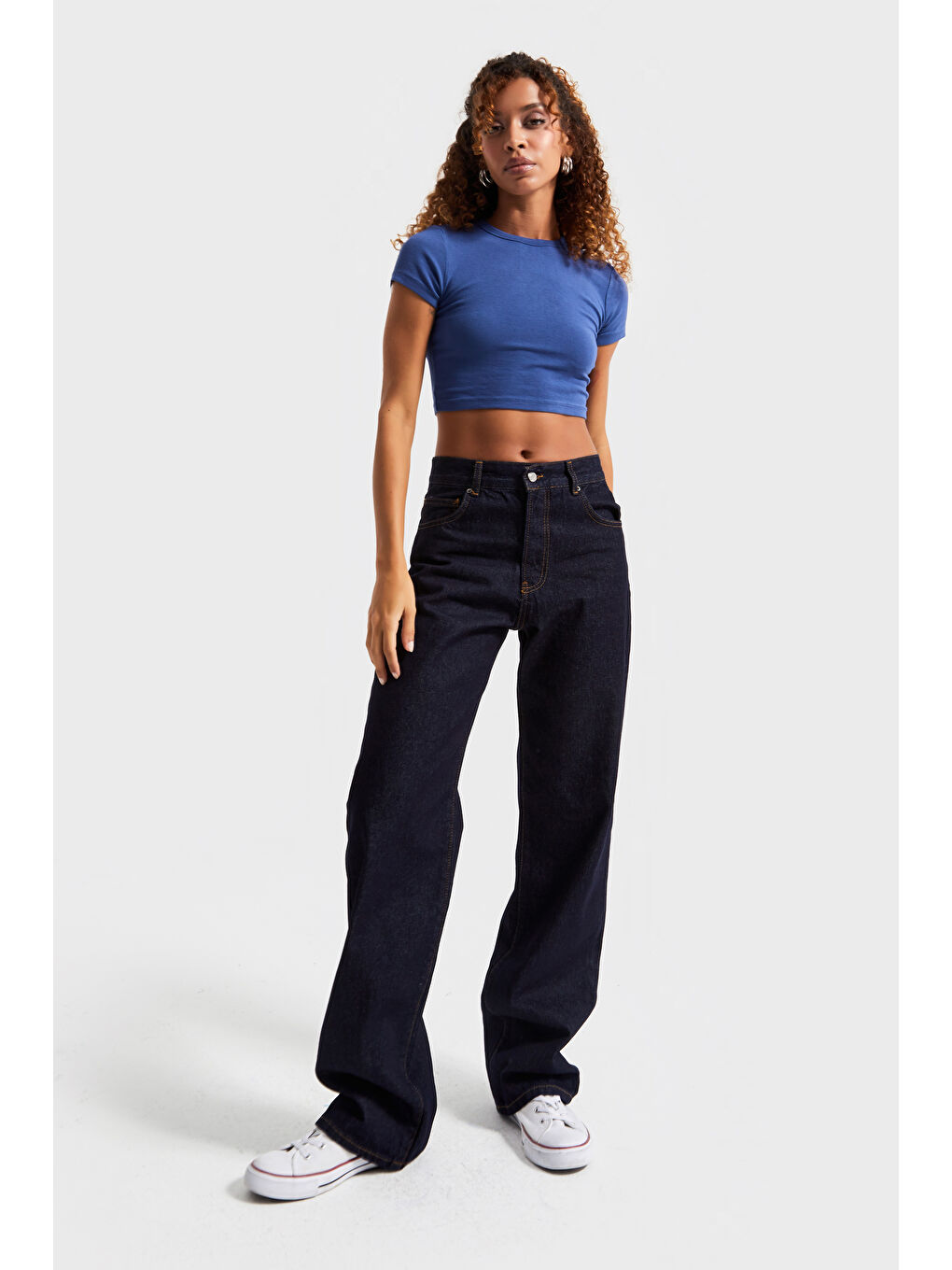 Kadın İndigo Renk 7w5-50 Loose Fit Orta Bel İç Boy 80cm %100 Pamuk Denim Jean