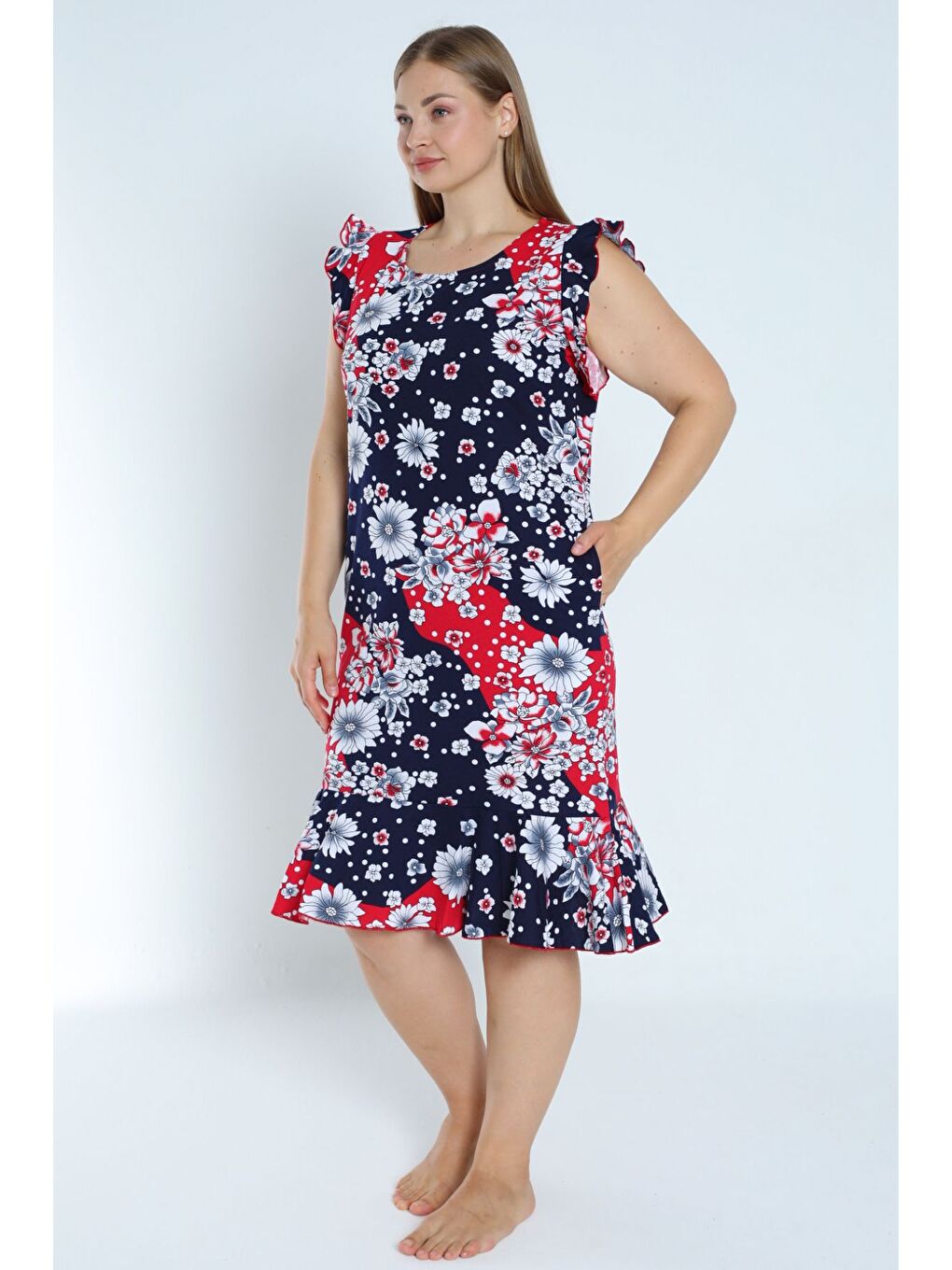 Kadın Lacivert Büyük Beden Desenli %100 Pamuk Cepli Kolu Ve Eteği Fırfırlı Elbise-2