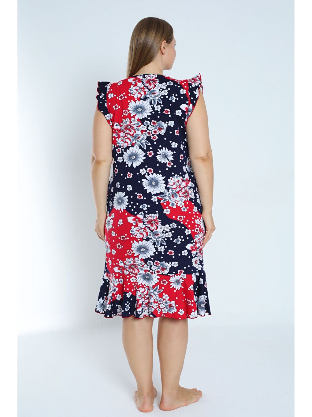 Kadın Lacivert Büyük Beden Desenli %100 Pamuk Cepli Kolu Ve Eteği Fırfırlı Elbise-3