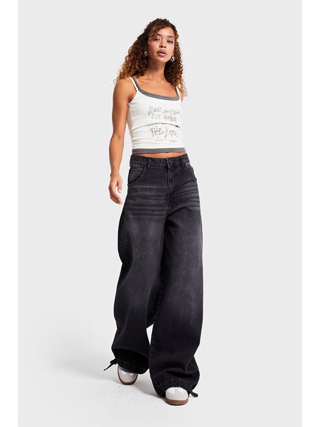 Gri Kadın Füme Renk 2w5-1 Straight Baggy Fit %100 Pamuk Paça Bağcık Detaylı Bol Kesim Denim Jean