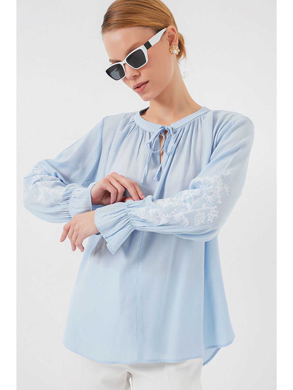 Kadın Nakışlı Örme Bluz 941 - Mavi-2