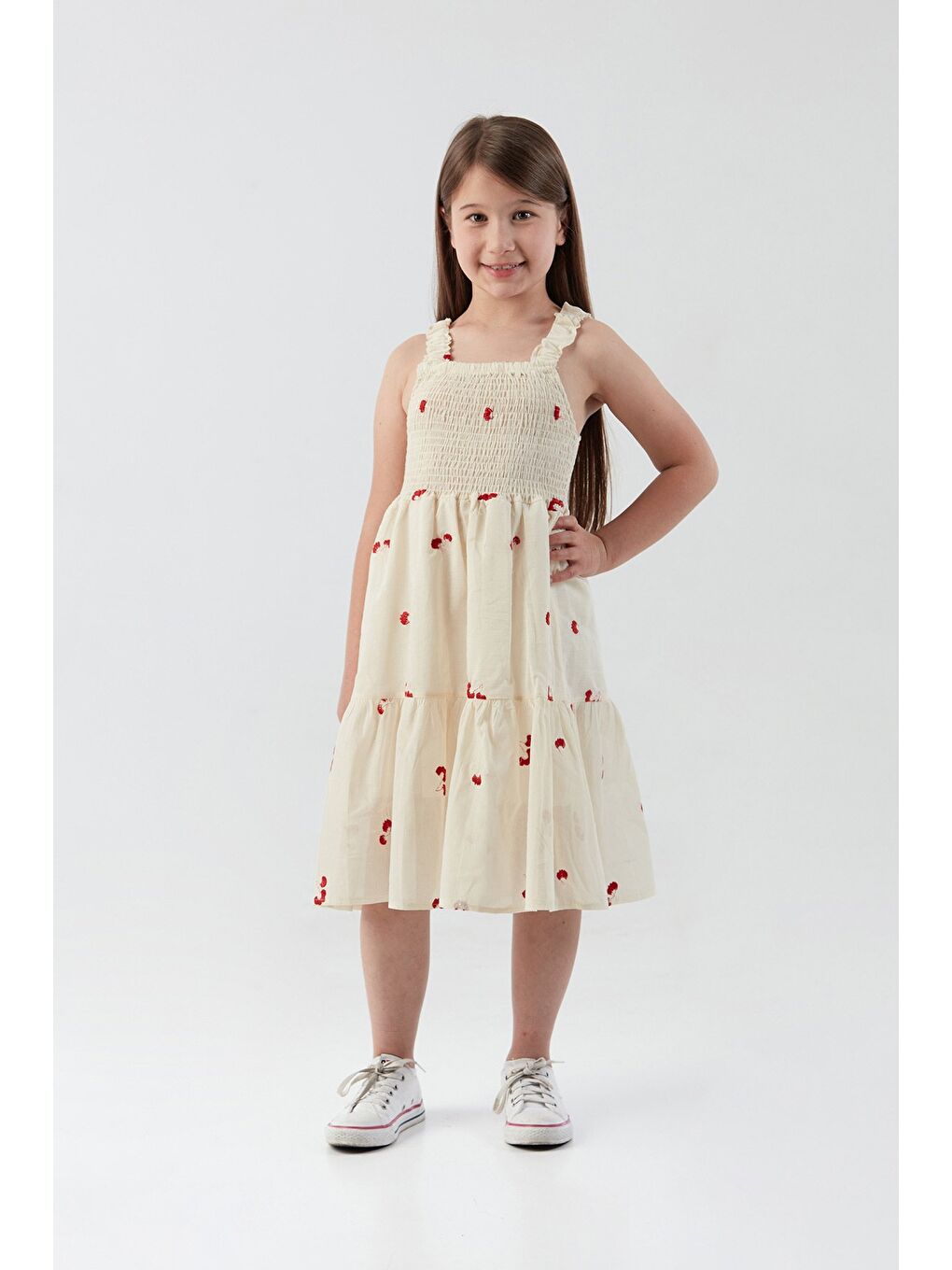 Kırmızı Çiçek Nakışlı Gipeli Kız Çocuk Elbise