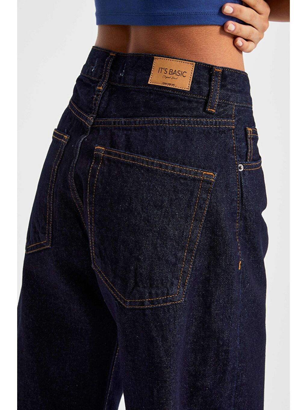 Kadın İndigo Renk 7w5-50 Loose Fit Orta Bel İç Boy 80cm %100 Pamuk Denim Jean-1