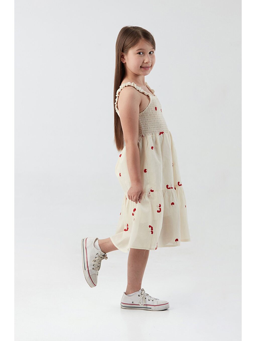 Kırmızı Çiçek Nakışlı Gipeli Kız Çocuk Elbise-2
