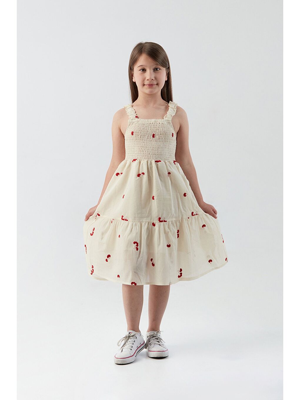 Kırmızı Çiçek Nakışlı Gipeli Kız Çocuk Elbise-3