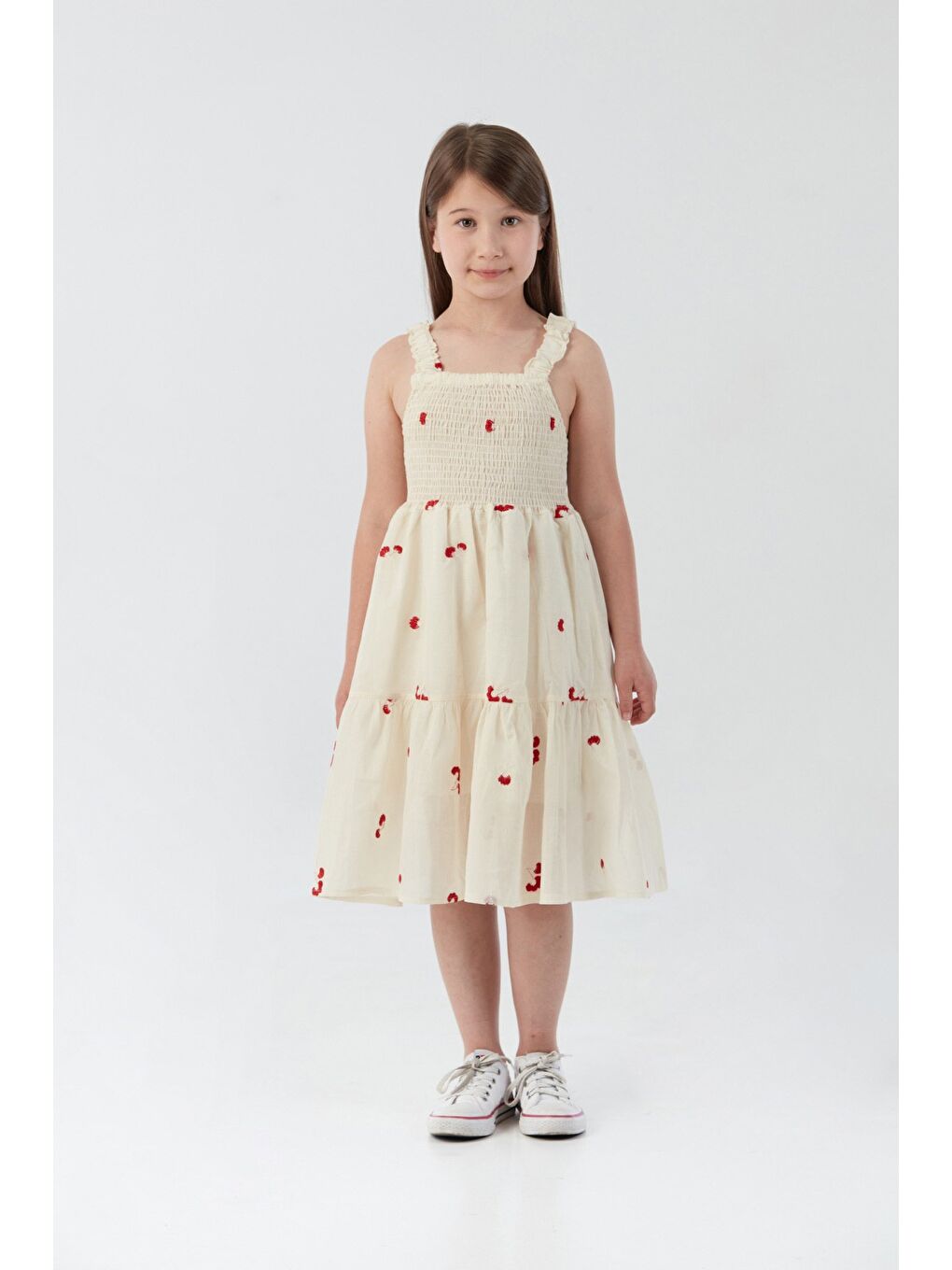 Kırmızı Çiçek Nakışlı Gipeli Kız Çocuk Elbise-4