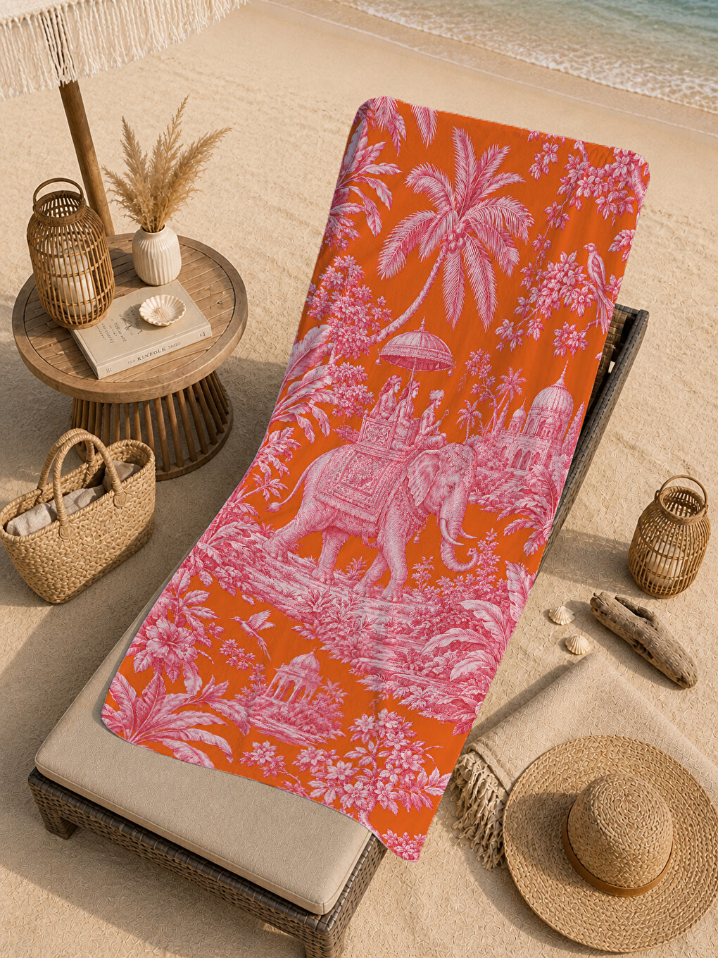 Mavi Toile De Jouy Safari Hayvanları Desenli 70x150 Plaj Havlusu - Dijital Baskılı Solmaz Banyo Havlusu-1