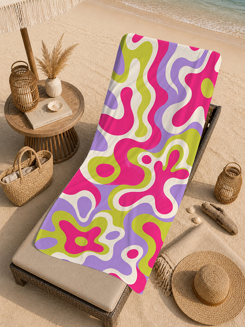 Psychedelic Pembe Lime Soyut Dalgalı Desenli 70x150 Plaj Havlusu - Dijital Baskılı Banyo Havlusu-1
