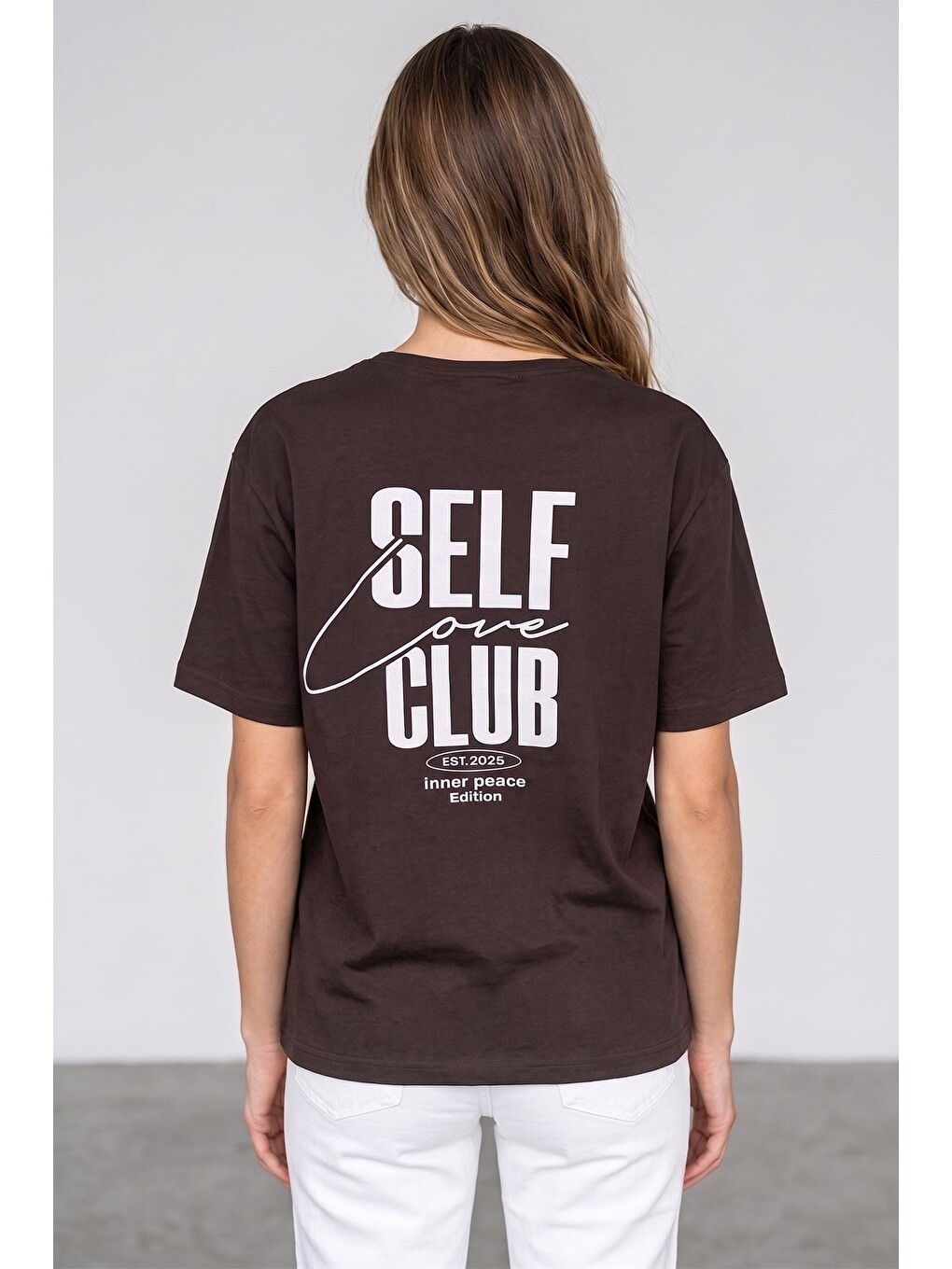 Kahverengi Self Love Club Baskılı Salaş Tişört-1