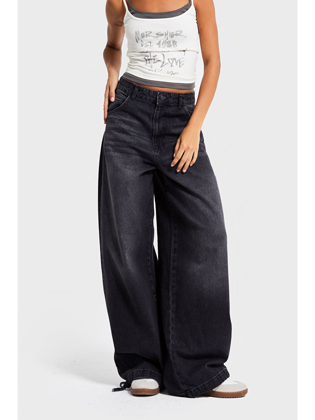 Gri Kadın Füme Renk 2w5-1 Straight Baggy Fit %100 Pamuk Paça Bağcık Detaylı Bol Kesim Denim Jean-1