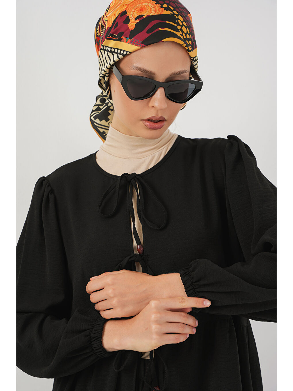 Kadın Önü Bağcıklı Tunik Pantolon İkili Takım 6744 - Siyah-1