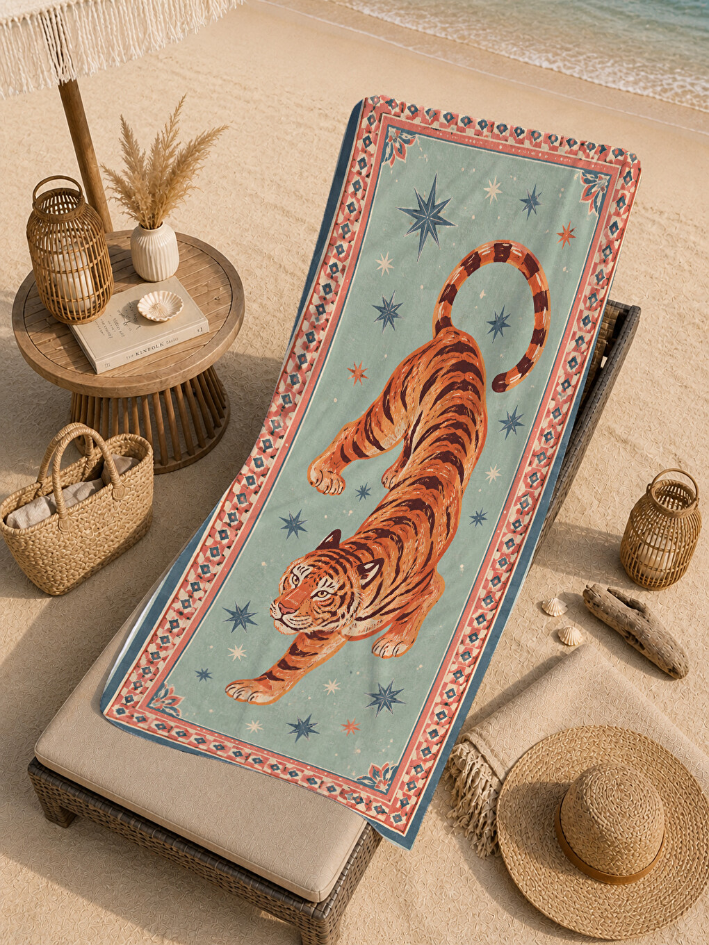Bej Vintage Safari Kaplan Bordürlü Desenli 70x150 Plaj Havlusu - Dijital Baskılı Solmaz Banyo Havlusu-1