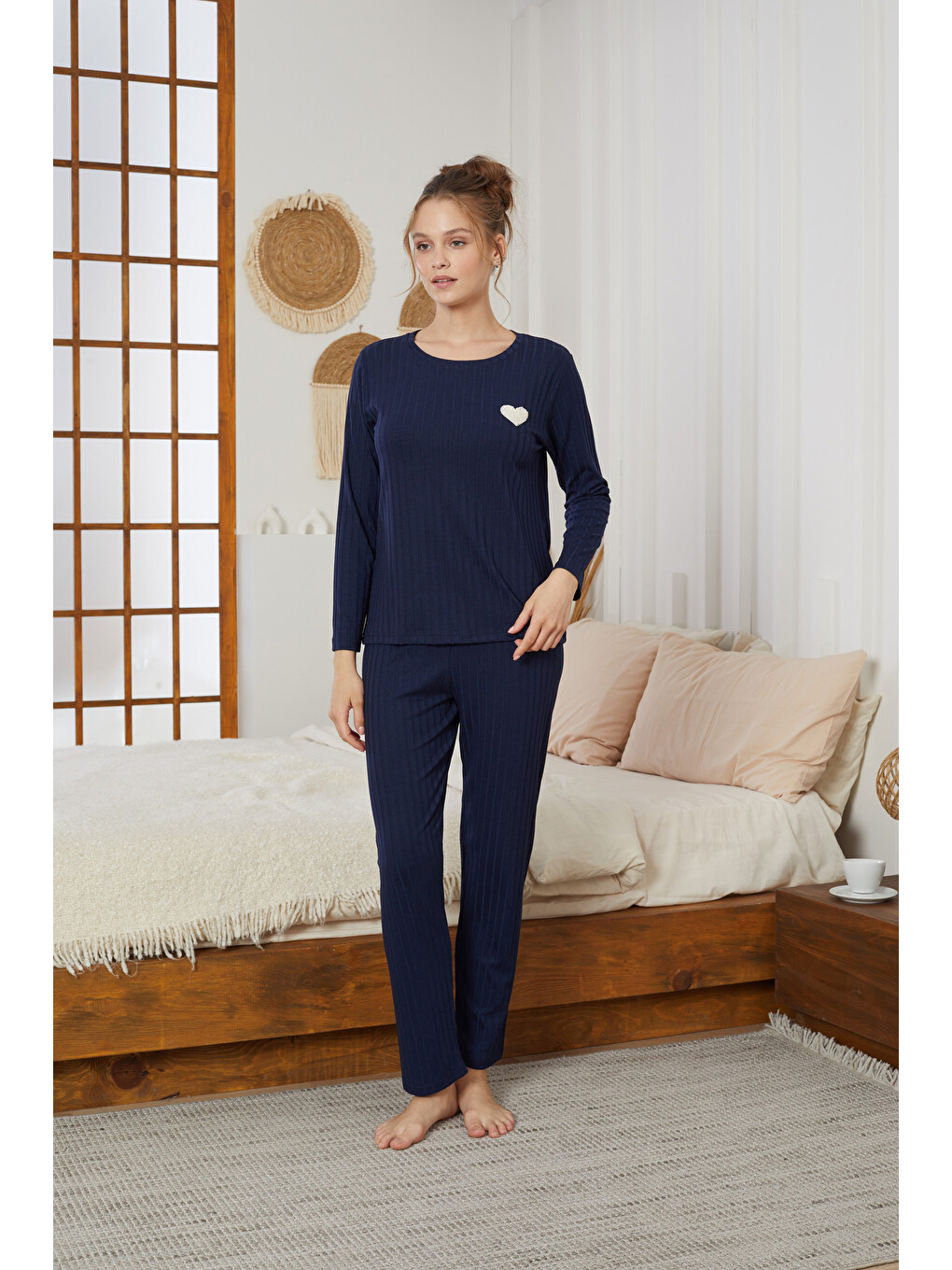 Lacivert Kalp Nakışlı Fitilli Örme Pijama Takım25226003-1