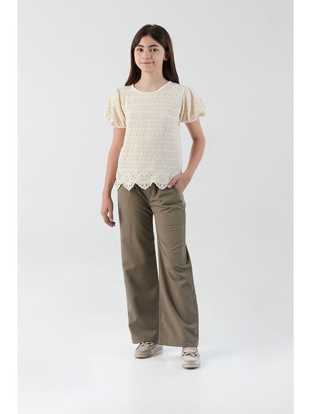 Bej Beli Bağlamalı Paraşüt Kumaş Kız Çocuk Pantolon