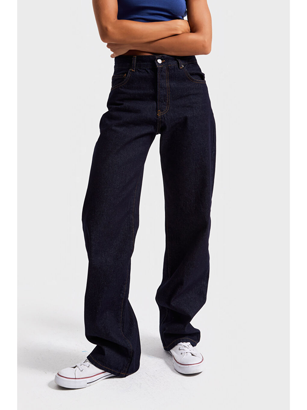 Kadın İndigo Renk 7w5-50 Loose Fit Orta Bel İç Boy 80cm %100 Pamuk Denim Jean-2