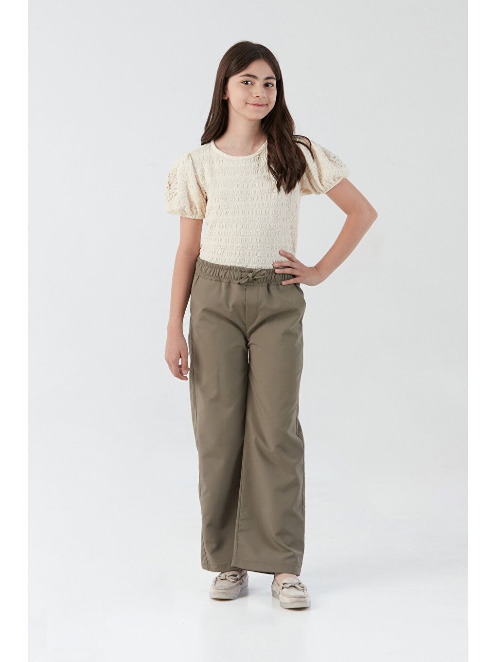 Bej Beli Bağlamalı Paraşüt Kumaş Kız Çocuk Pantolon-2