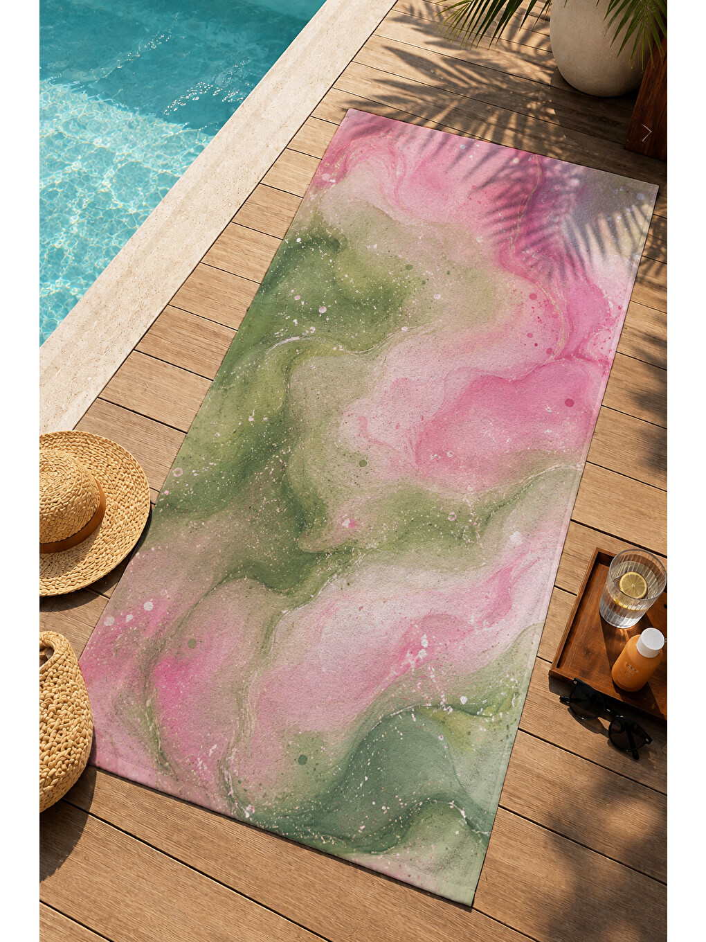 Pastel Suluboya Pembe Yeşil Soyut Mermer Desenli 70x150 Plaj Havlusu - Pamuklu Banyo Havlusu-1
