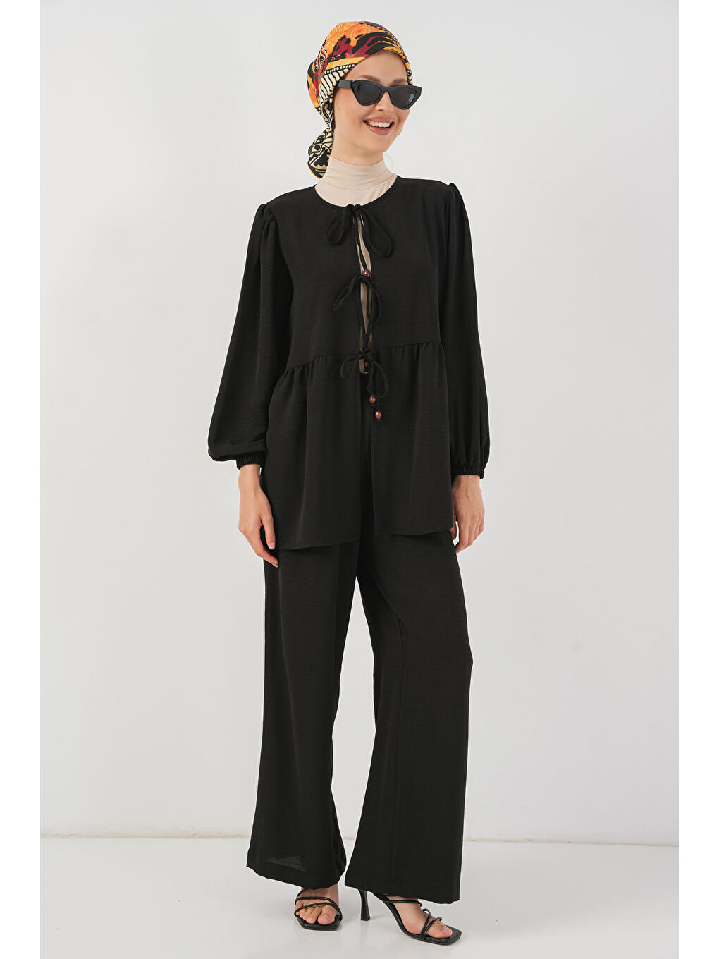 Kadın Önü Bağcıklı Tunik Pantolon İkili Takım 6744 - Siyah-2