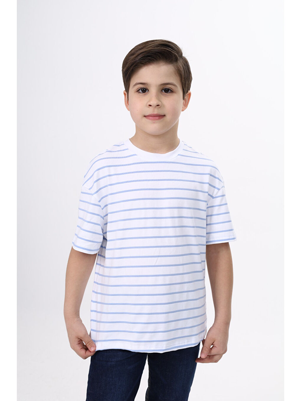 Mavi Unisex Çocuk Çizgili Tişört-5