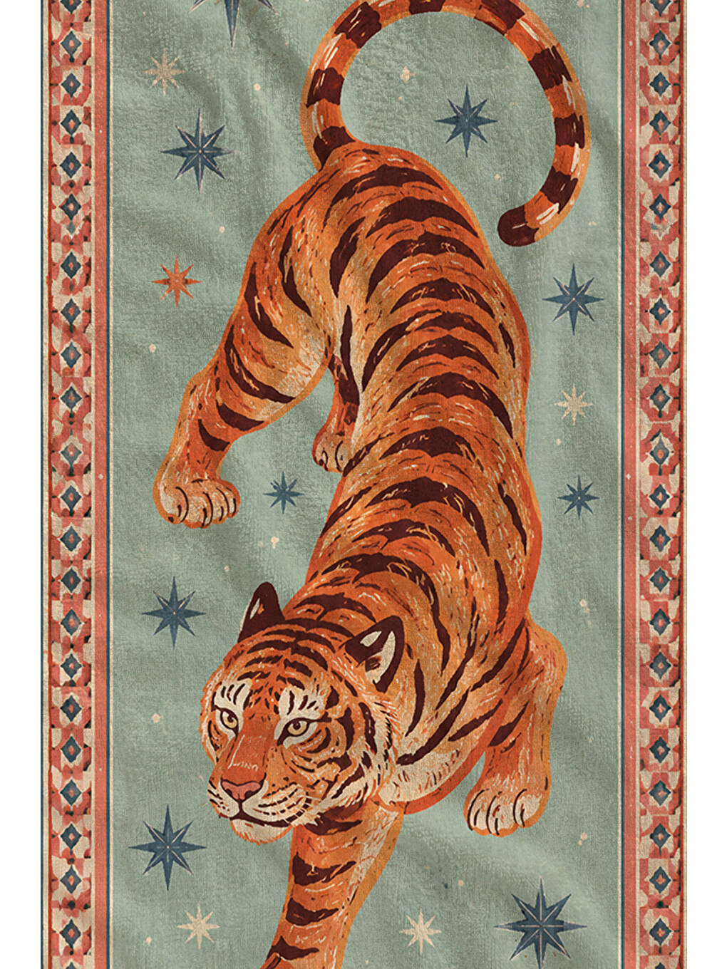 Bej Vintage Safari Kaplan Bordürlü Desenli 70x150 Plaj Havlusu - Dijital Baskılı Solmaz Banyo Havlusu-2