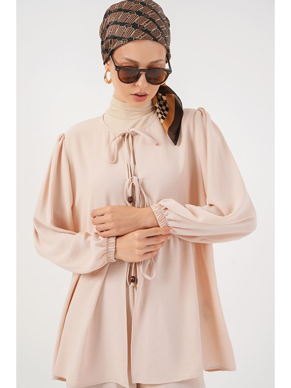 Ekru Kadın Önü Bağcıklı Tunik Pantolon İkili Takım 6744 - Krem-1