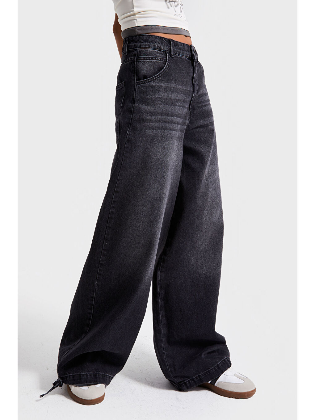 Gri Kadın Füme Renk 2w5-1 Straight Baggy Fit %100 Pamuk Paça Bağcık Detaylı Bol Kesim Denim Jean-2