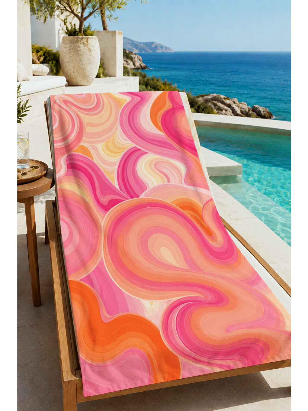 Retro Pembe Turuncu Dalgalı Psychedelic Desenli 70x150 Plaj Havlusu - Dijital Baskılı Banyo Havlusu