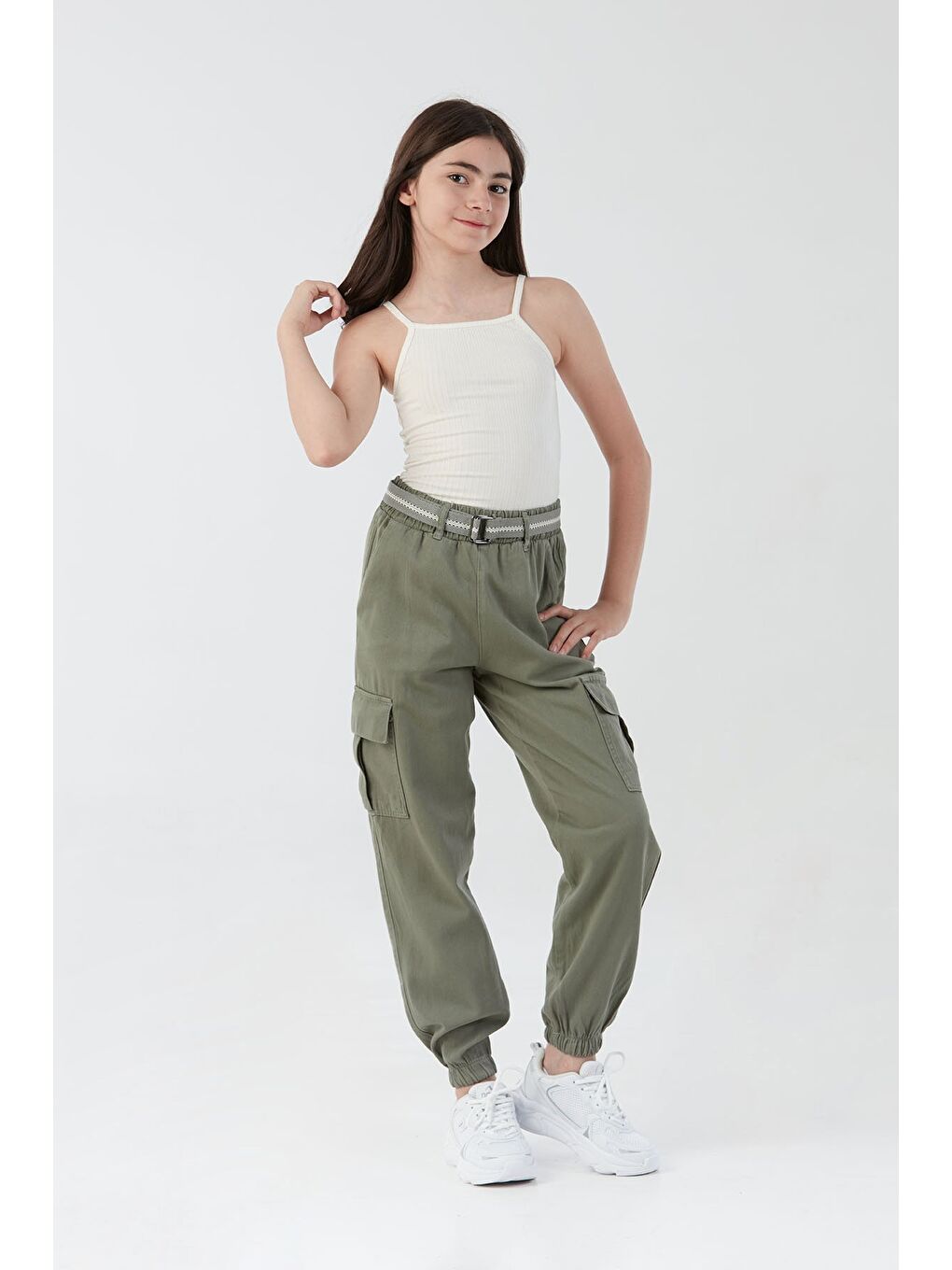 Haki Kemerli Kargo Cepli Jogger Kız Çocuk Pantolon