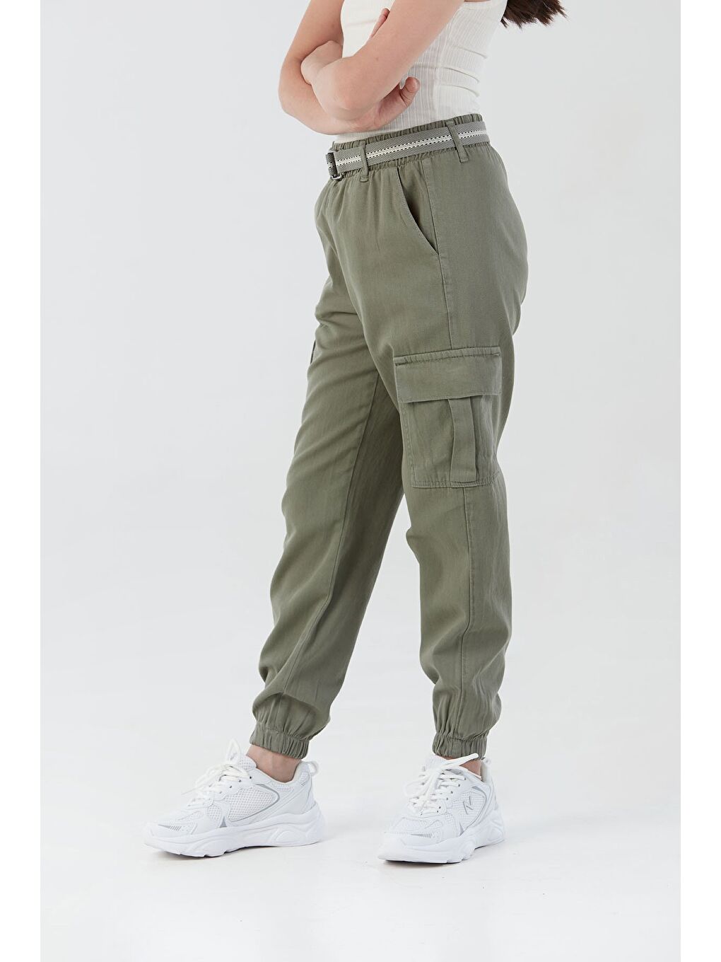Haki Kemerli Kargo Cepli Jogger Kız Çocuk Pantolon-2