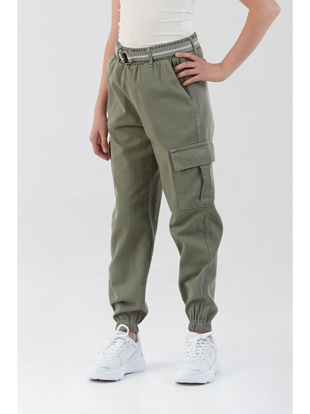 Haki Kemerli Kargo Cepli Jogger Kız Çocuk Pantolon-4