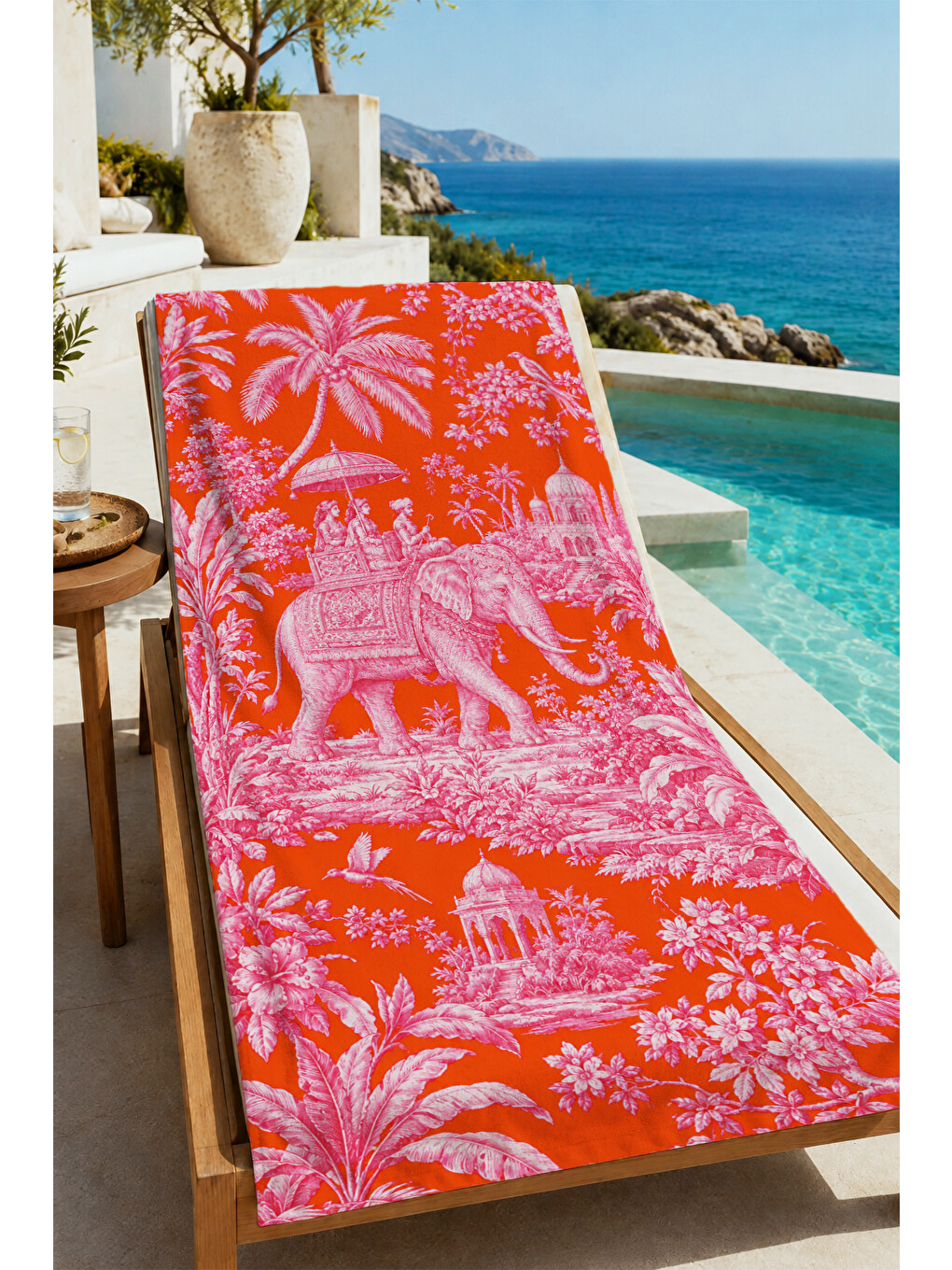 Mavi Toile De Jouy Safari Hayvanları Desenli 70x150 Plaj Havlusu - Dijital Baskılı Solmaz Banyo Havlusu-3