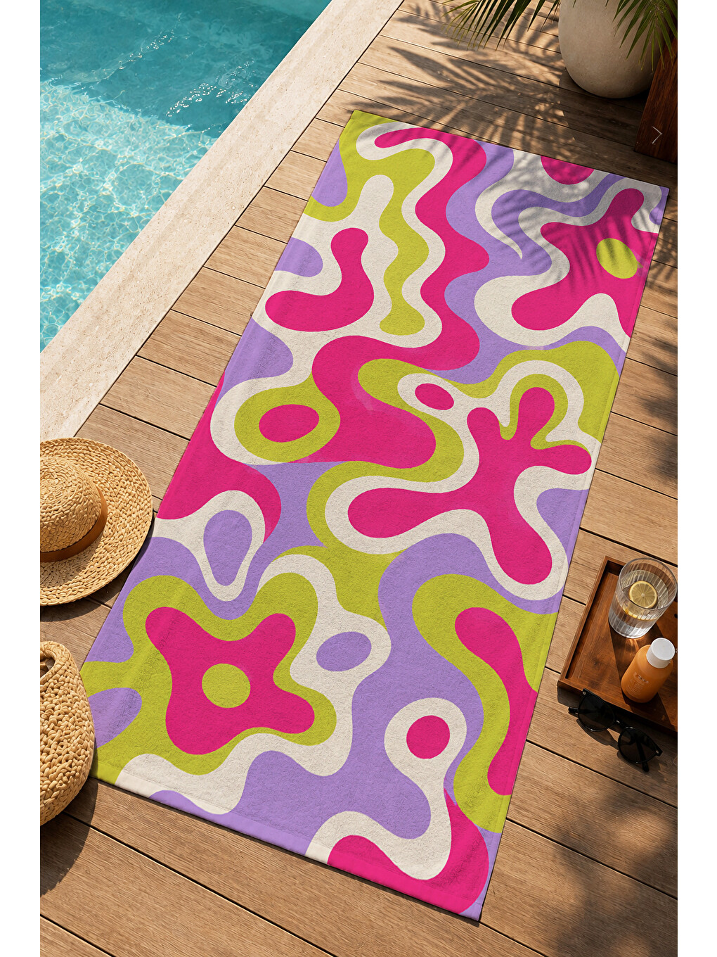 Psychedelic Pembe Lime Soyut Dalgalı Desenli 70x150 Plaj Havlusu - Dijital Baskılı Banyo Havlusu-3