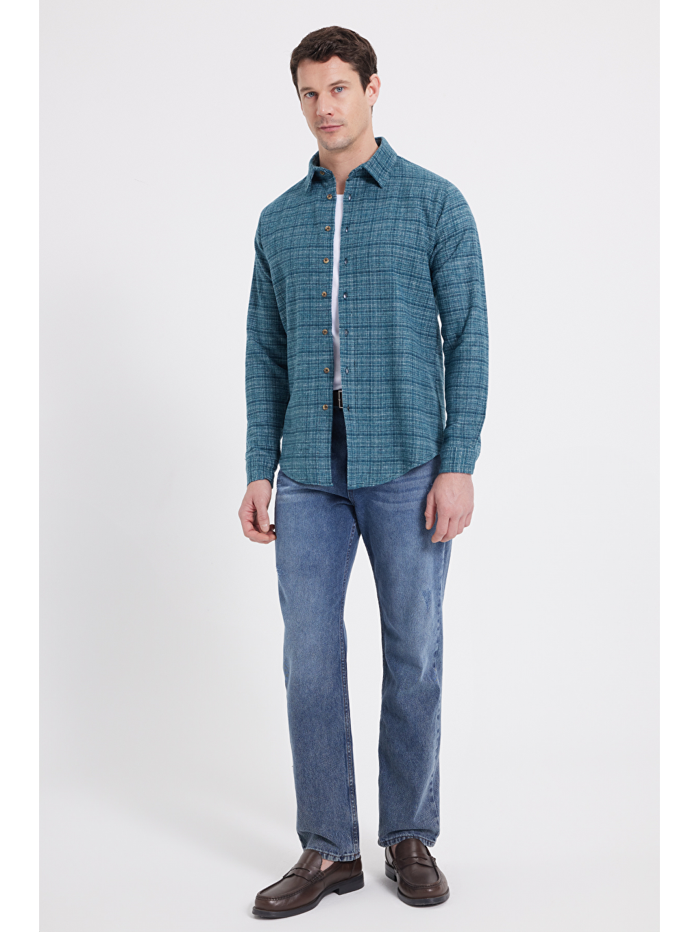 Petrol Erkek Slim Fit Dar Kesim Kareli Kışlık Oduncu Gömlek-1