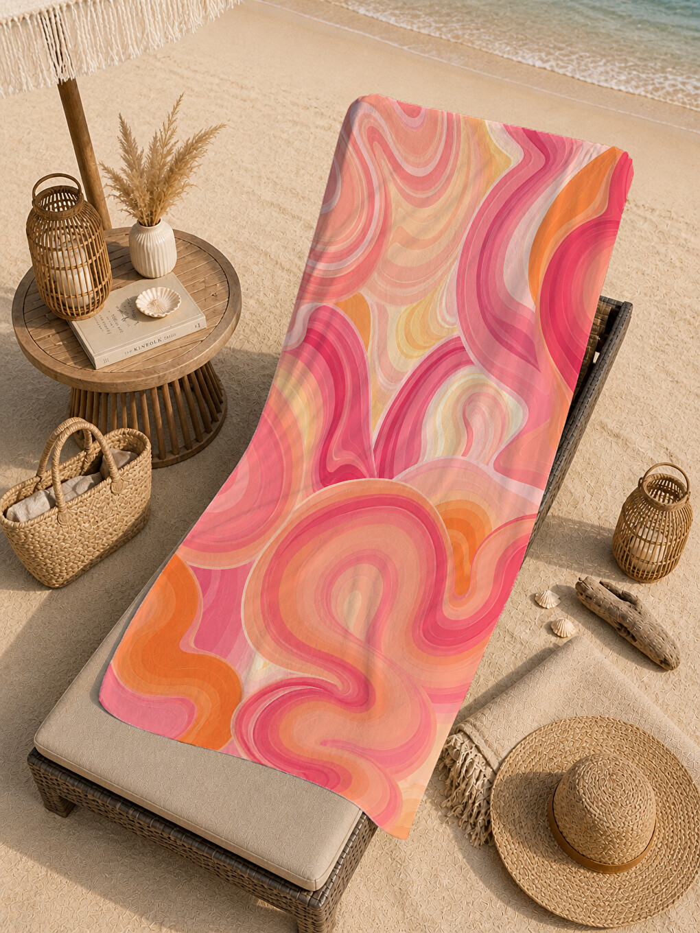 Retro Pembe Turuncu Dalgalı Psychedelic Desenli 70x150 Plaj Havlusu - Dijital Baskılı Banyo Havlusu-1