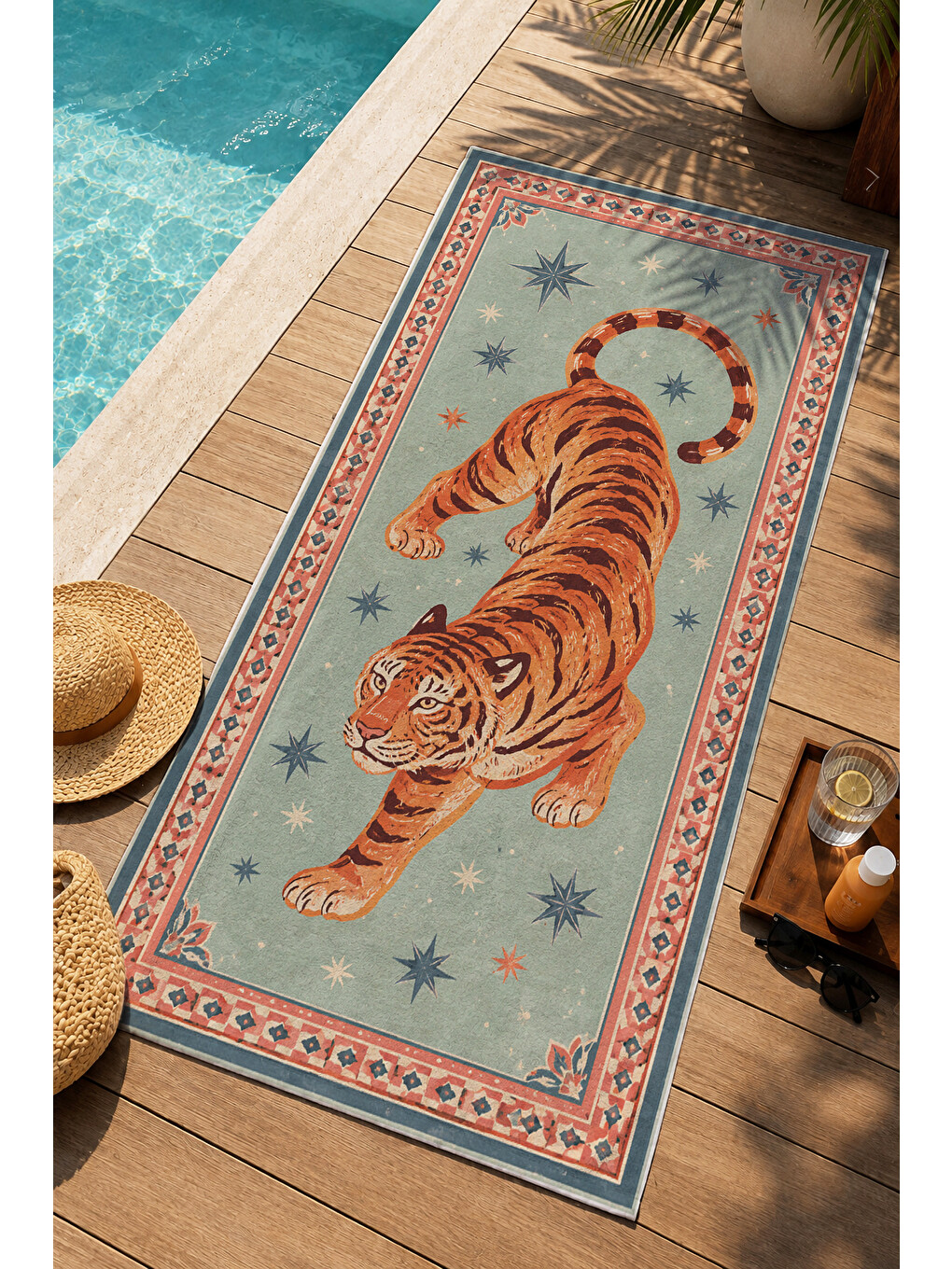 Bej Vintage Safari Kaplan Bordürlü Desenli 70x150 Plaj Havlusu - Dijital Baskılı Solmaz Banyo Havlusu-3
