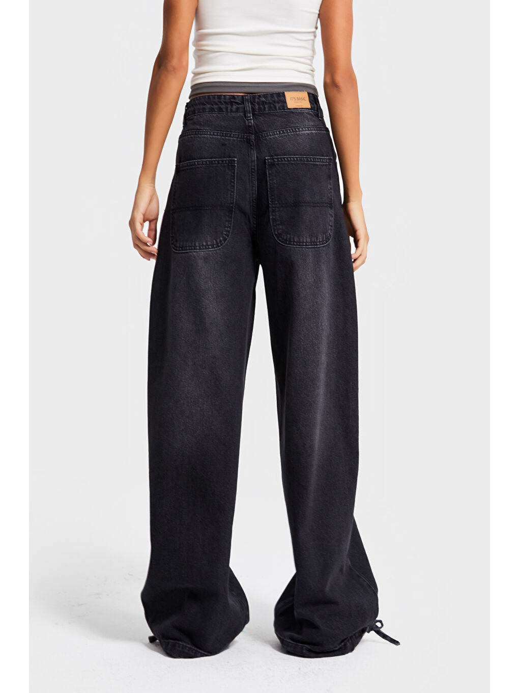 Gri Kadın Füme Renk 2w5-1 Straight Baggy Fit %100 Pamuk Paça Bağcık Detaylı Bol Kesim Denim Jean-3