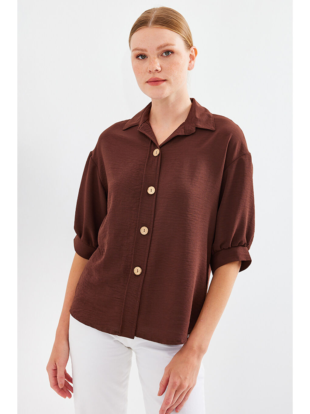 Kısa Kol Oversize Keten Gömlek 20240 - Kahverengi-1