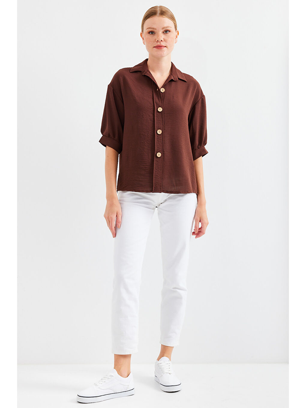 Kısa Kol Oversize Keten Gömlek 20240 - Kahverengi-2