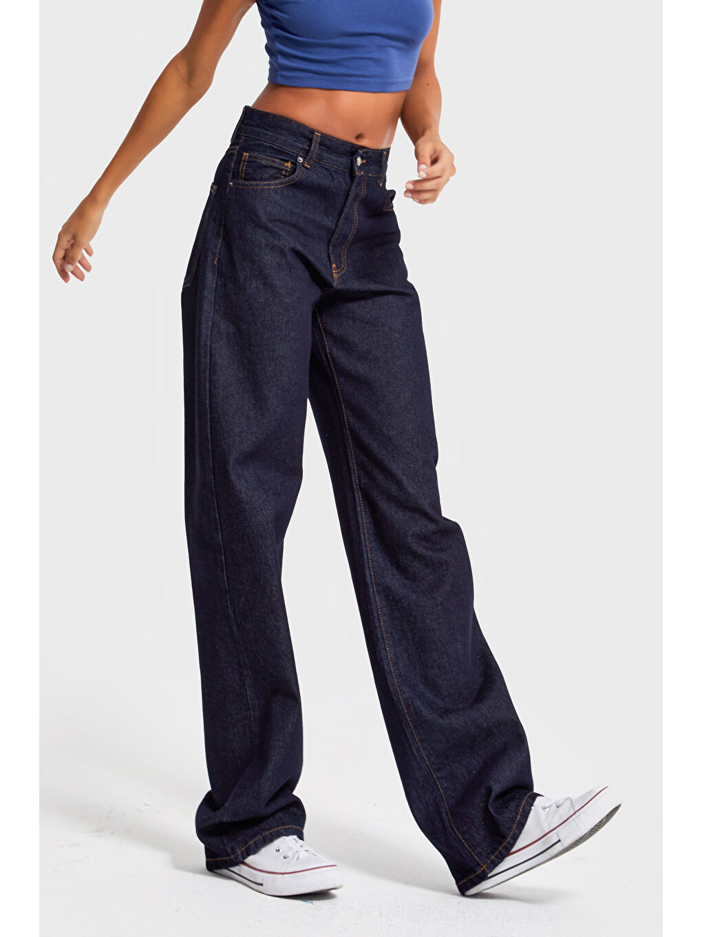 Kadın İndigo Renk 7w5-50 Loose Fit Orta Bel İç Boy 80cm %100 Pamuk Denim Jean-4