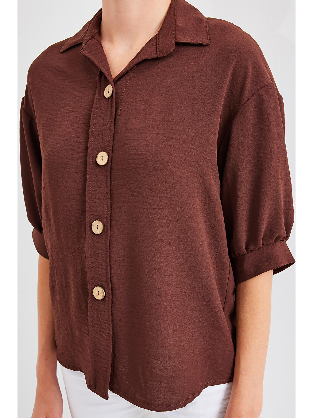 Kısa Kol Oversize Keten Gömlek 20240 - Kahverengi-5