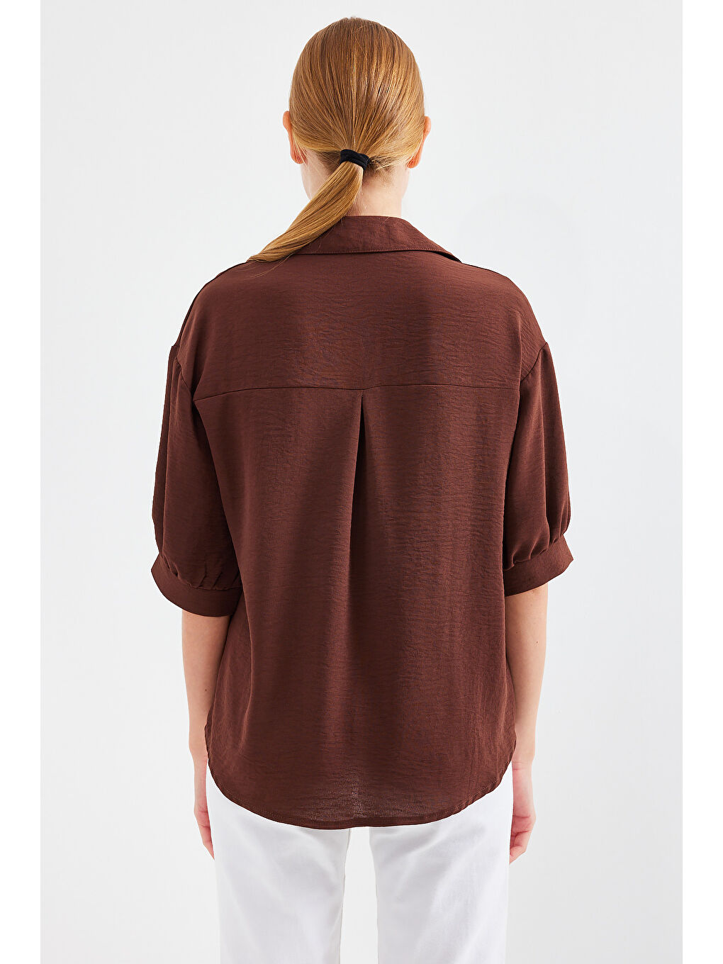 Kısa Kol Oversize Keten Gömlek 20240 - Kahverengi-6
