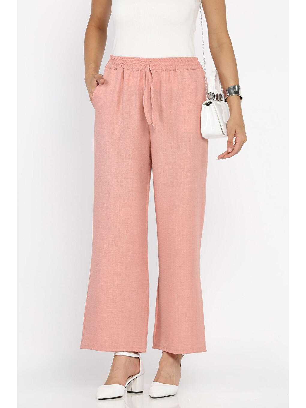Pembe Kadın Bel Lastikli Bol Paça Pantolon