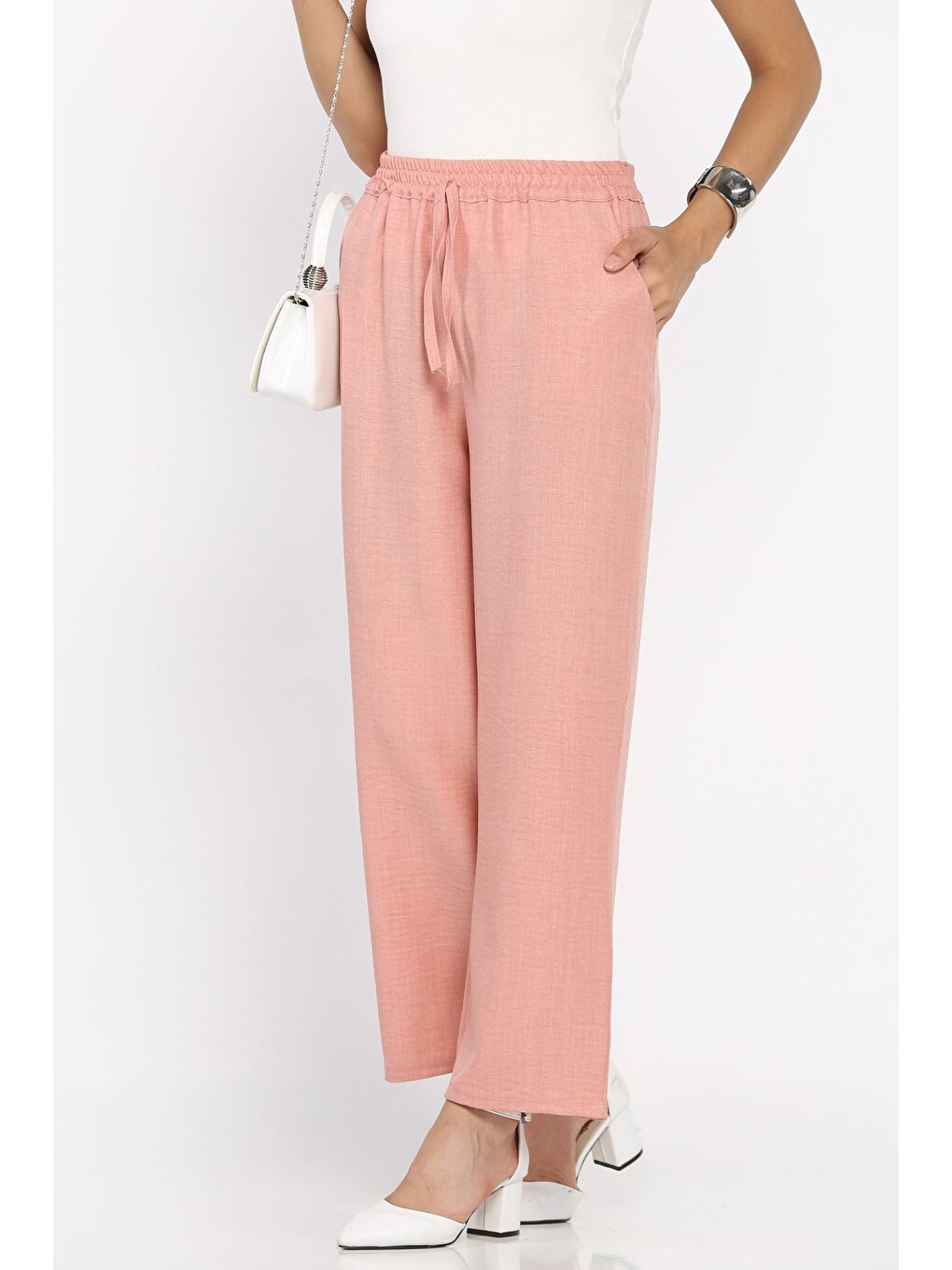 Pembe Kadın Bel Lastikli Bol Paça Pantolon-1